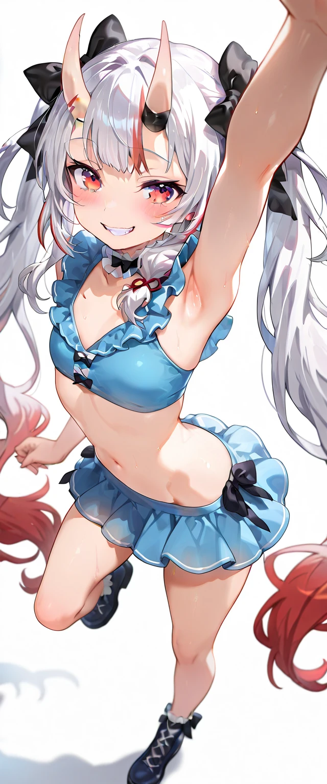 (white background:1.4), (masterpiece, best quality:1.2), (solo), (1girl), best quality, (photorealistic:1.4),ultra detailed, solo, (full body:1.5), looking at viewer, cave, arms up, ganyu \(genshin\), love in eyes, double ponytail, bow hairpins, blushing, smug, smile, drooling, rolling eyes, white bow tie, maid outfit, long sleeves, miniskirt, large breasts