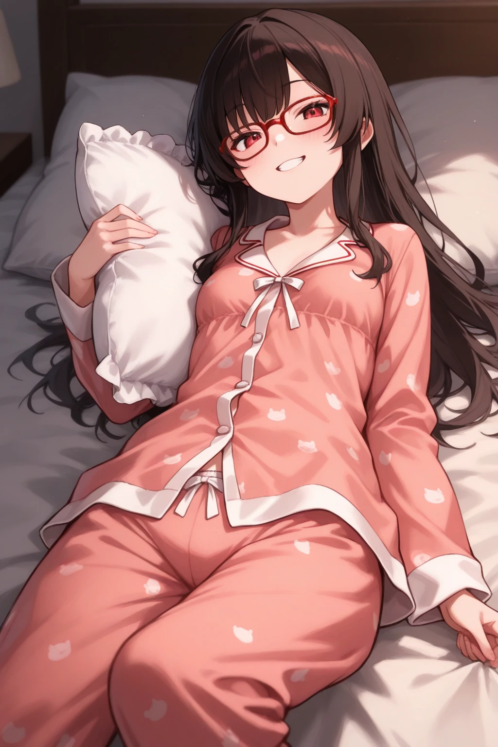 1 girl, medium construction, (((completely alone))), ((round glasses)), long brown hair, blunt bangs, Brown eyes, (((perverted smile: 1.2))), sexy look, modern, (((contemporary))), Room background, (((lying in bed))), panties, pajamas, (((very embarrassed))), (Pov), (vibrator:1.3)
