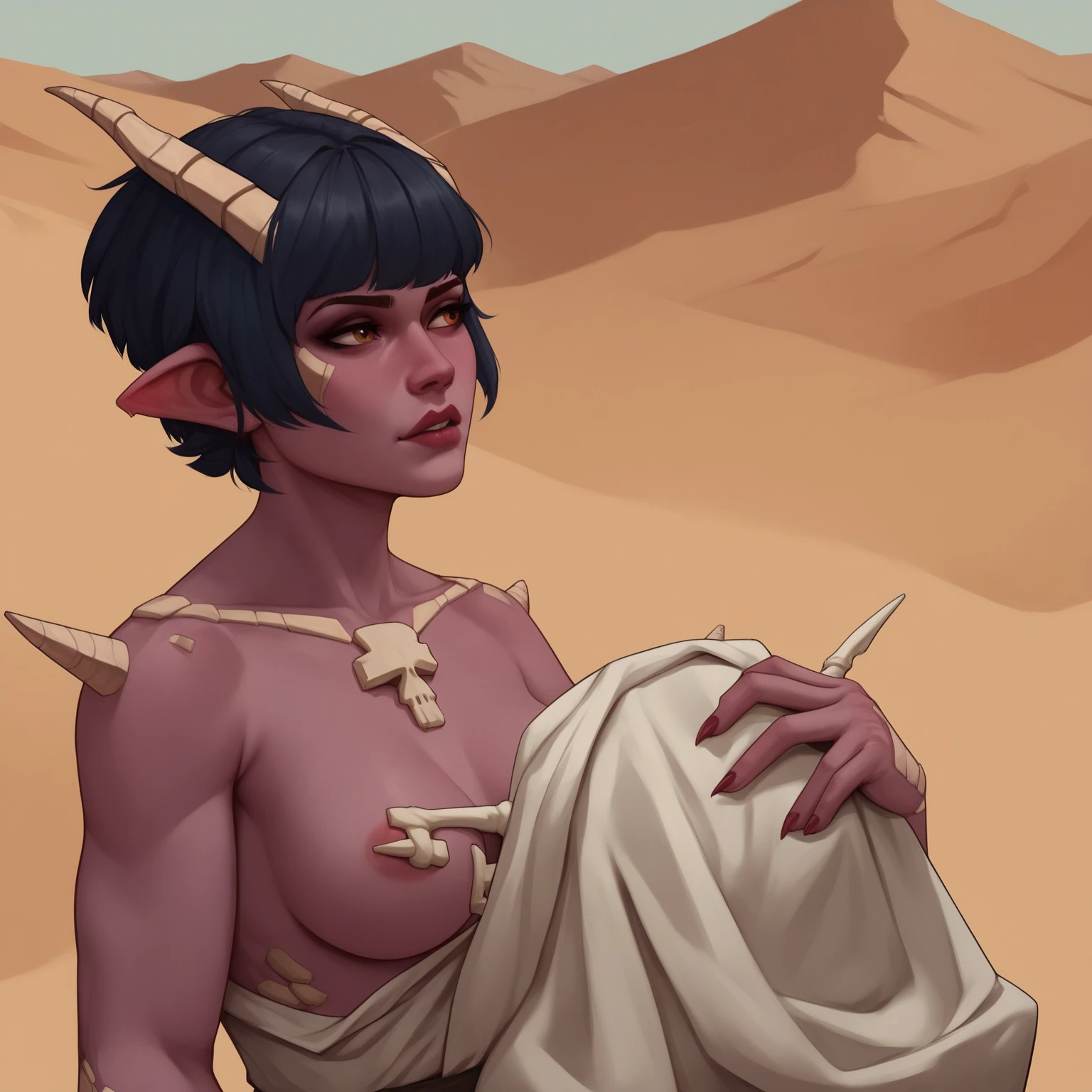 character portrait of a sexy, , (female:1.4), (anthro:1.2), diablos, scalie, horns, (tusks), winged arms, retracted wings, thin, hi res, soft shading, detailed eyes, beautiful eyes, good anatomy, detailed scales, 1tail, tail, cinematic lighting, by woolrool, crayon \(artist\), buta99, (detailed scales, scales, detailed scale texture), detailed background, outdoors, pink sclera, purple eyes, tan scales, tailcase, desert, athletic, breasts, nipples, , head turned, raised horns
