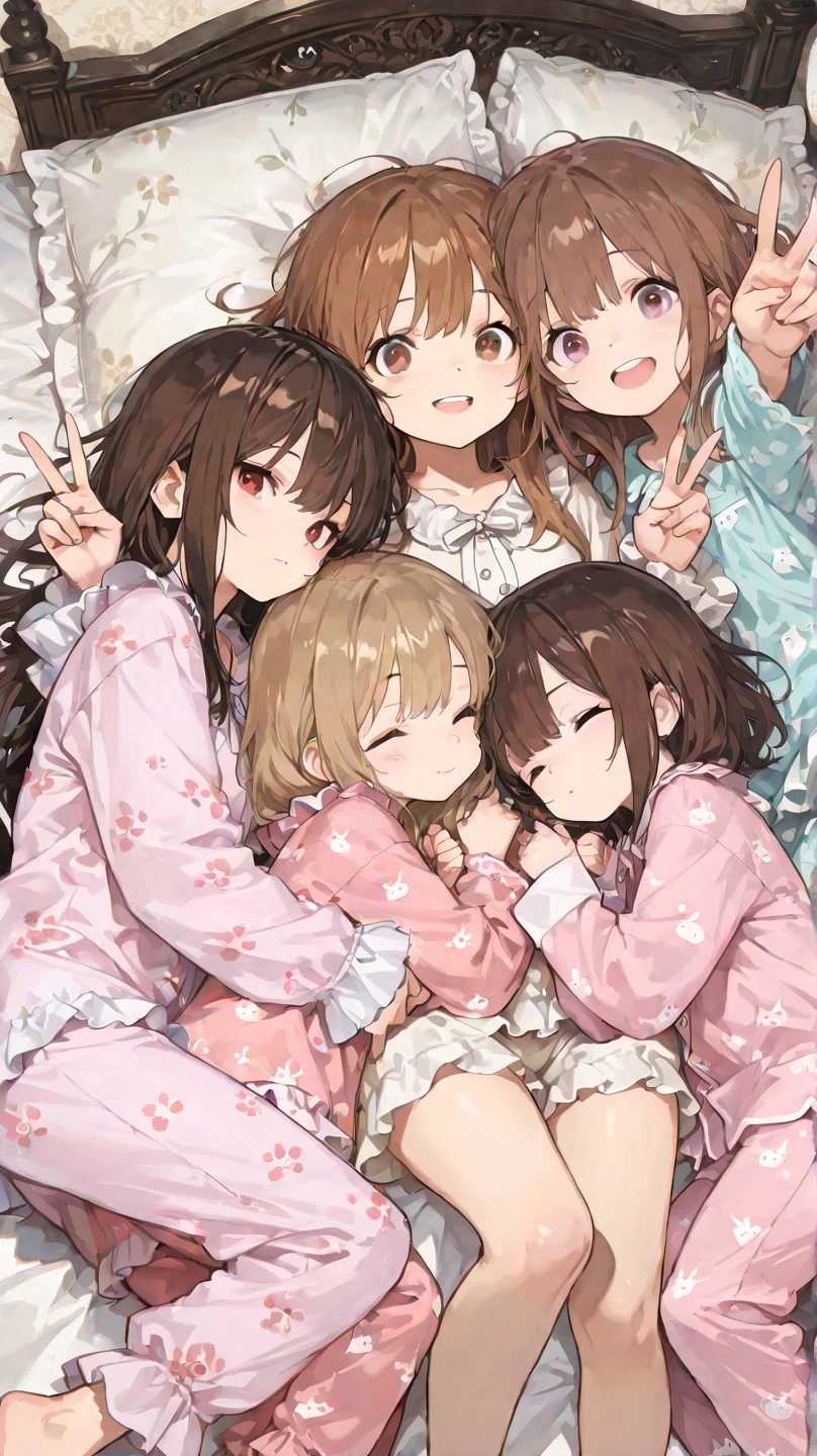 Cute,748cmstyle,ladyshadow,(masterpiece:1.2, top quality), (beautiful detailed eyes: 1.2), ((1 Beautiful Girl)), (beautiful background:1.2), (very detailed CG, Super Detailed),(very detailed and beautiful:1.1), (Perfect Details:1.1), a group of four people laying on a bed holding each other up, multiple girls, 4girls, pajamas, v, brown hair, lying