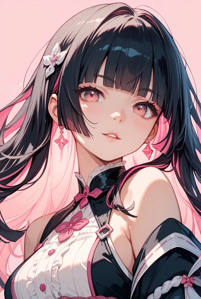 pink theme, masterpiece, magical girl, (impossible clothes:1.5), microskirt, gradient background, black hair, pigtails, blunt bangs, sidelocks, pink eyes, medium breasts, breasts, thigh gap, hair ornament, arched back, black_witch_hat,intricate_embellishments,Mystical_fountains, glowing_crystals, headshot