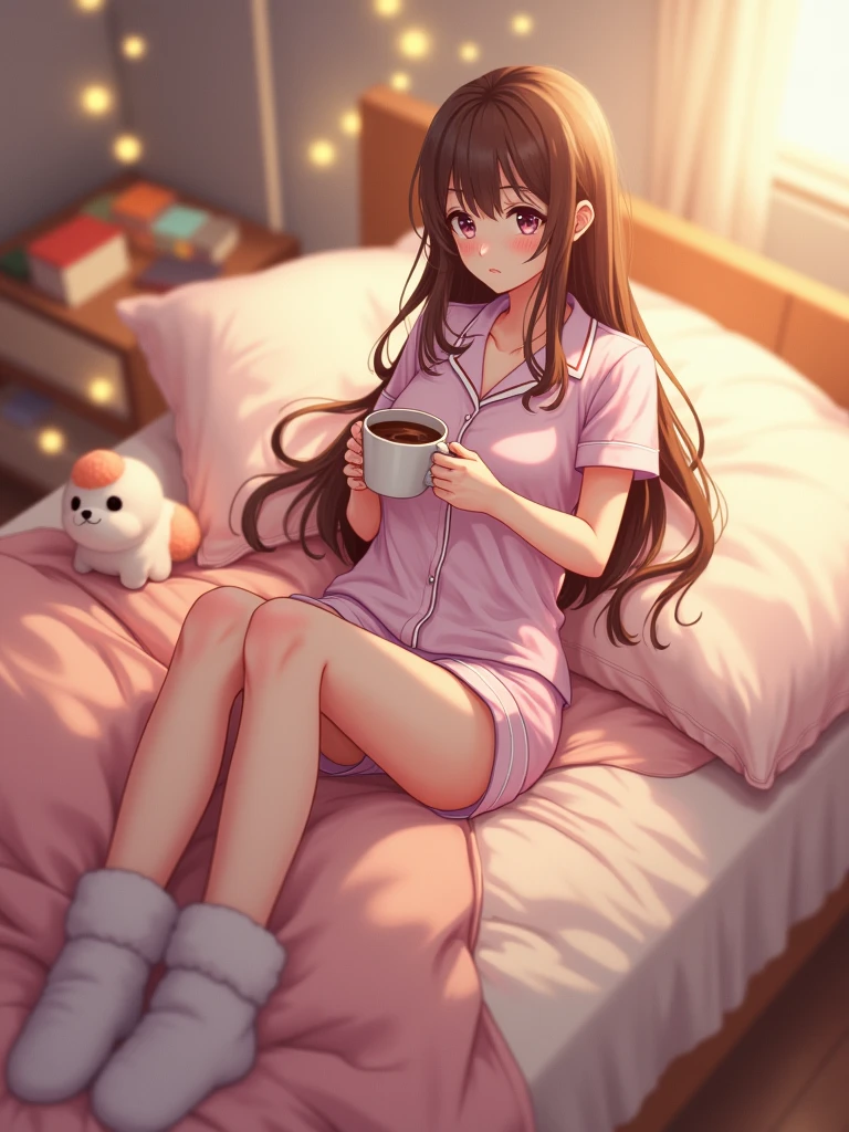 THIS ANIMATION IN ANIME, A WOMAN WITH A NICE CUP IN PAJAMAS LYING IN HER BED, SHE HAS BEAUTIFUL LEGS, thicc thighs, SLIM ASS AND BREASTS, A PHOTO SHOWING HER FROM ABOVE