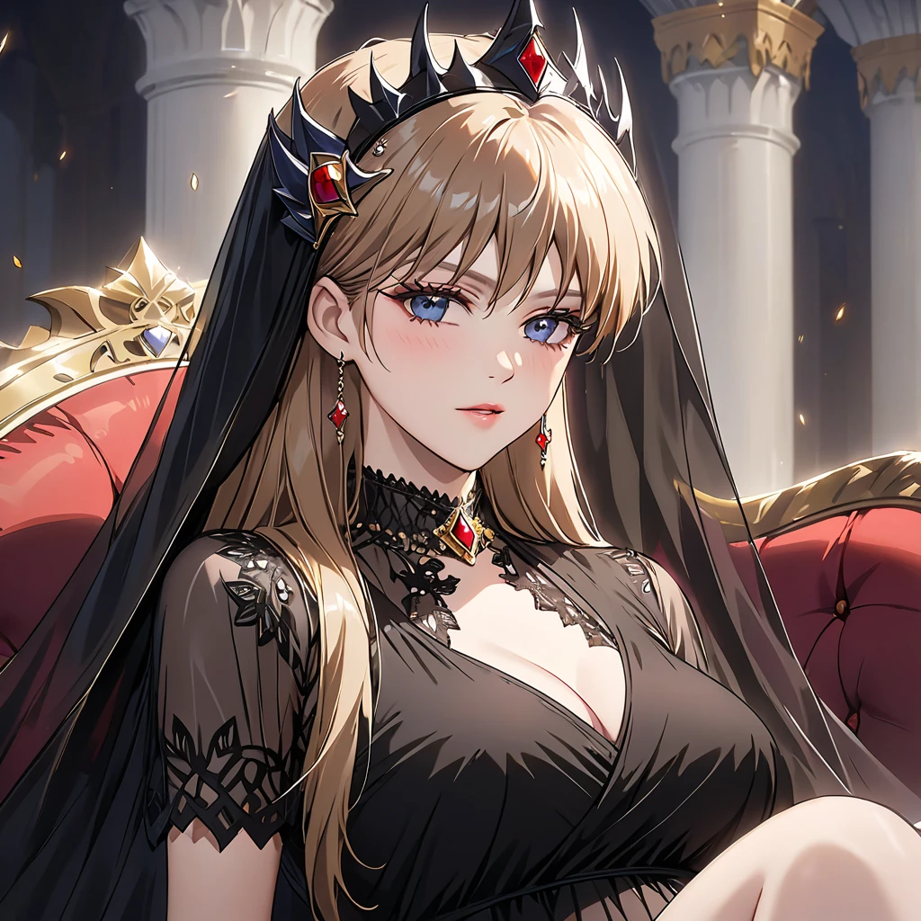 ((Highest quality)), ((masterpiece)), (detailed), (Perfect Face)、The woman is embracing the Prince of Light, sharing a vowing kiss, and getting married.、The woman is the evil queen Grimhild, Yuki Asuna, with bright brown hair in a semi-long style, wearing lipstick, thick eyeshadow, and heavy makeup.、The woman is dressed as an evil queen, wearing a black Victorian dress with luxurious gold embroidery and trim, a black cowl fitted over her face, luxurious earrings, adorned with lavish accessories, and a magnificent golden crown. She is a beautiful and evil queen, standing and reigning in front of a magnificent throne. She possesses majesty, elegance, and grace, with a stunning figure and a captivatingly alluring beauty, making her an absolutely stunning woman.