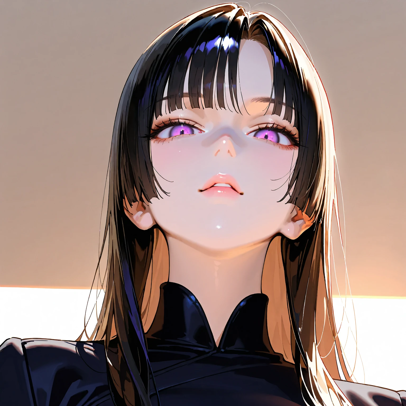 a tall girl with long black hair, violet eyes with a serious gaze, soft and charming face, wearing a black jacket and black pants, in a dark room setting, (best quality,4k,8k,highres,masterpiece:1.2),ultra-detailed,(realistic,photorealistic,photo-realistic:1.37),extremely detailed face and eyes,beautiful detailed eyes,beautiful detailed lips,extremely detailed eyes and face,longeyelashes,high quality portrait,chiaroscuro lighting,dramatic lighting,cinematic lighting,dark moody atmosphere