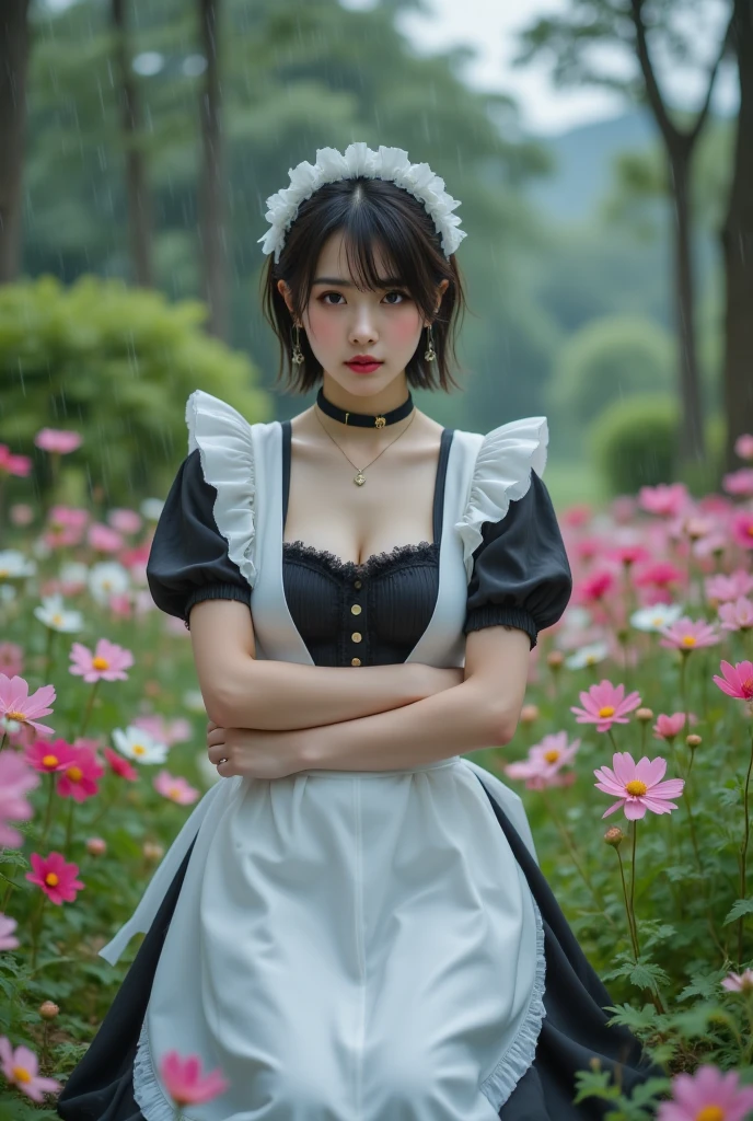 (8K, Raw photo, Best Quality, masutepiece:1.2), high-definition RAW color photography, professional photograpy, cowboyshot, (Realistic, photographrealistic:1.37), ((Best Quality)), 25 year old woman, Cinematic Light, (finerly detailed face:1.2), (masutepiece:1.5), (Best Quality:1.2), (Mole:0.5), (Smiling:0.9), braid, (Skirt lift:1.2), Ribbed white panties, White panties with ribbon, Crotch line, bowtie, (Detailed Maid:1.2)