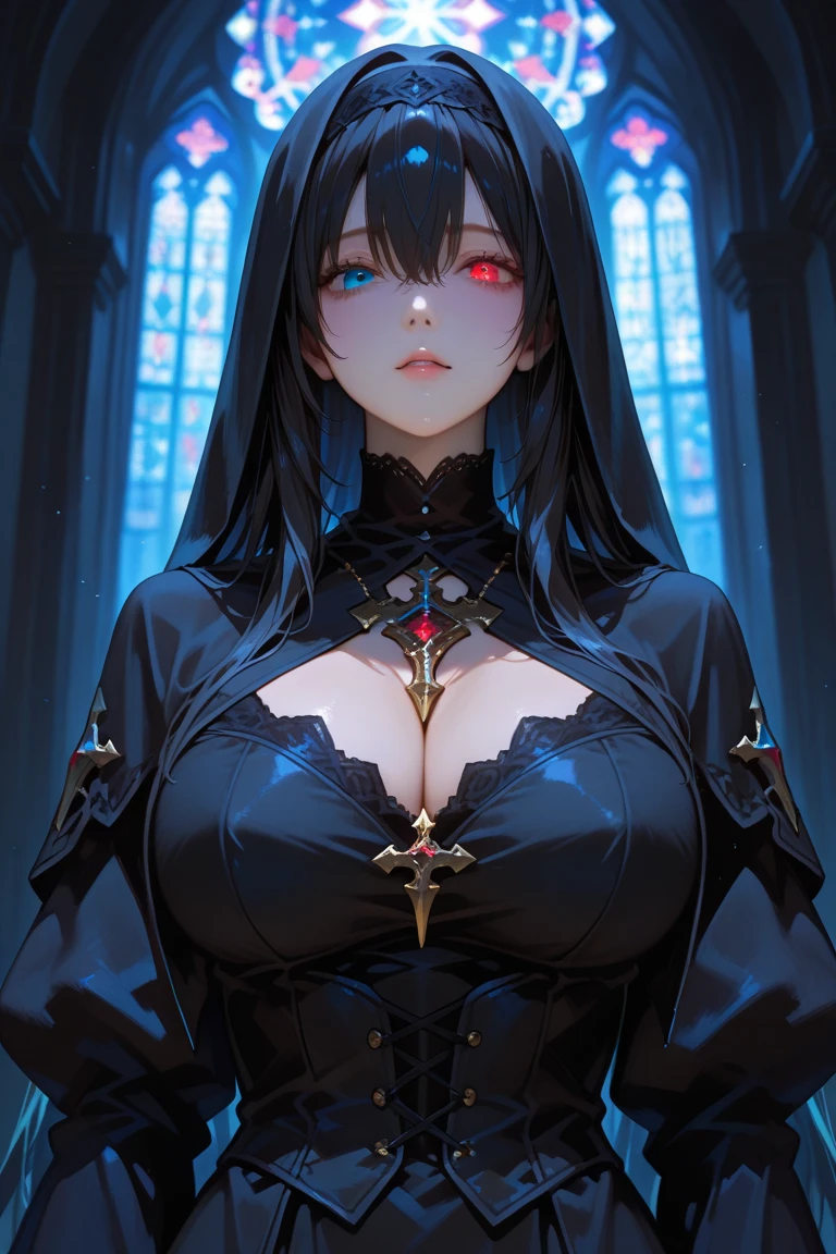 4K, A high resolution, Best quality at best, masterpiece, perfect colors, perfect shadow, perfect litthing, ((sportrait)), 1woman, fit-muscled body, bright yellow eyes，dark blue hair , blue eyes, With round lenses, The audience watched carefully, (s face: 1.2), Perfect female figure, ((standing)), ((beautiful queen in black dress suite, open half breast, wraping in luxurious dark hooded robes, dark roses and skull adorn her cloth, (tiara,roses,skull ornamental,black,dark))), ((shy and looking at viewert)), (Perfect thick white eyebrows) Delicate fur, 详细s face, s the perfect face, At a fantasy cyberpunk city , (model pose standing), energetic background, perfect city skyscape, lighting atmosphere, ((Bonifasko lighting)), (The round lenses on his eyes)(詳細な目), Perfect student, face close up
