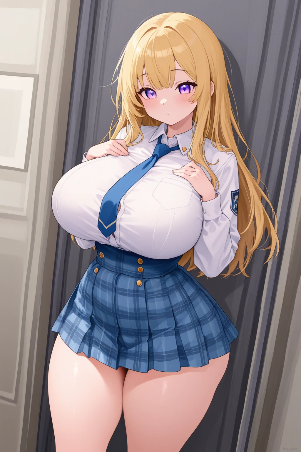 masterpiece, best quality, 1girl, (button gap), huge breasts, button down shirt, ill fitting clothes, (sfw)