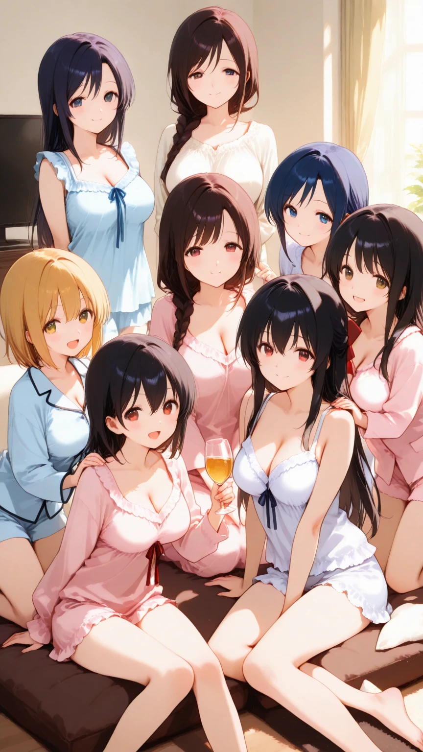 ((Highest quality)), ((masterpiece)), (detailed),Perfect Face,Strong light from the front,With front light,A group of girls living naked in a girls' dormitory,