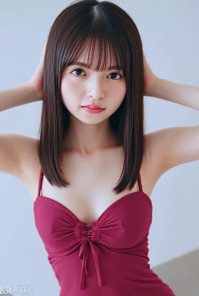 , upper body, big eyes, flat chest, (arms behind back:1.1), make up:1.3, sport-good
