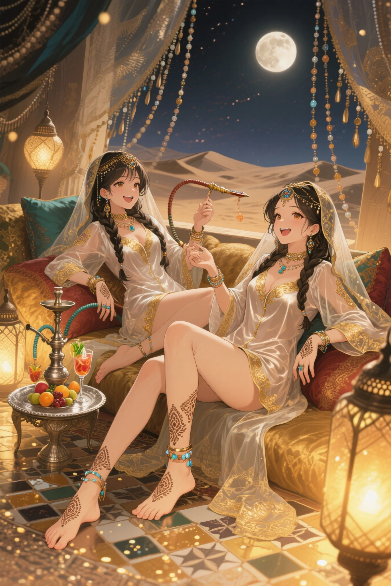 high detail, young girls, European/Arab/black/Asian/Slavic, ((belly dance)), spectators sitting, (Turkish sultan's harem), (near the pool), outdoor, (slim), (detailed leather), (flowers, fruits, pillows, carpets, tables), (fantasy), (figurines, night, stars), detailed eyes, depth of field, masterpiece, best quality, intricate, (night lighting), particle effects, ray tracing, tone mapping, high detail, concept art, smoothness, clear  focus, highly detailed illustrations, cinematic, hyper-realistic painting, 8K, incredible shadows, realism (highly detailed background: 1.2)