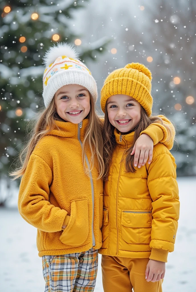 Three children blonde girls in braids with portrait, numa monanha com muita neve e gelo, ice.