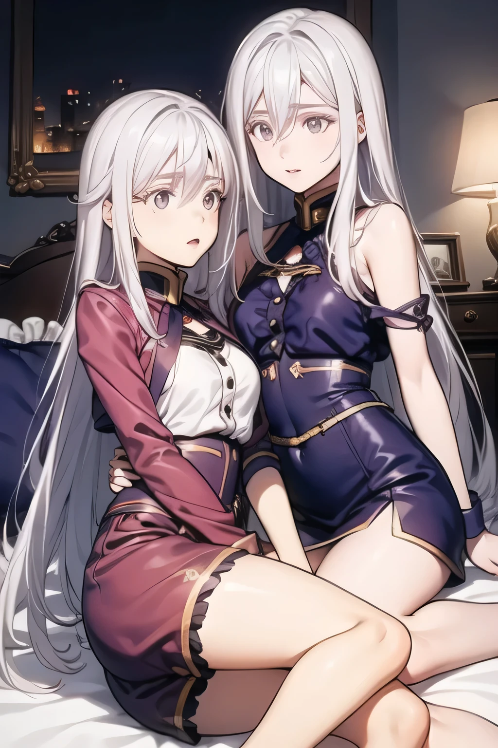 (​masterpiece、top-quality、hight resolution、Unity 8k Wallpaper、extremely details CG:1), The film describes a scene in which two women are beginning a lesbian sexual act together on a bed in a private room. The young woman, nervous for the first time, is being coached by an experienced lesbian senior. The senior gently touches the young woman's body and gently teaches her lesbianism. The intimate setting, in which they only see each other, accentuates their loving relationship and expresses the young woman's desire for the unknown and pleasure from her senior. nsfw