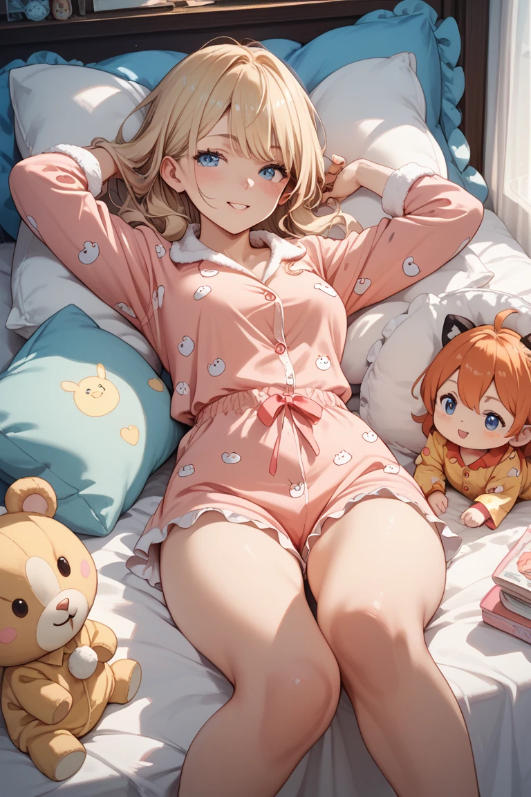 (score_9,score_8_up,score_7_up),1girl, cute girl inside cute room, feet up, feet, smiling, teddy bear, , pillows