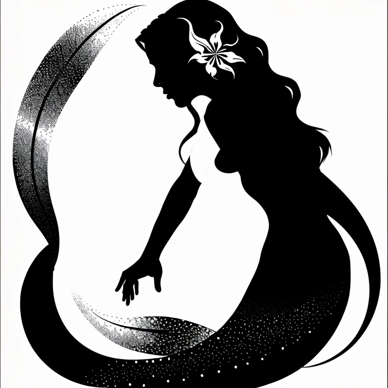 Logo, ((mermaid facing to the right)): beautiful hair flows and covers her chest, mermaid tail is curved
