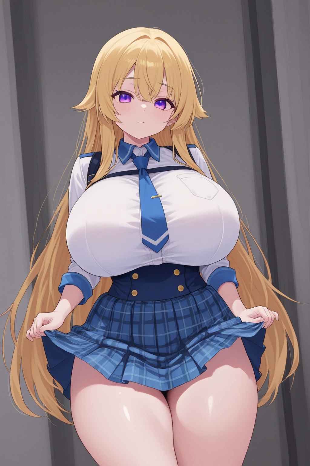 blue eyes, blonde hair, long hair,, large breasts, live stage, solo,  Blazer uniform, nipple