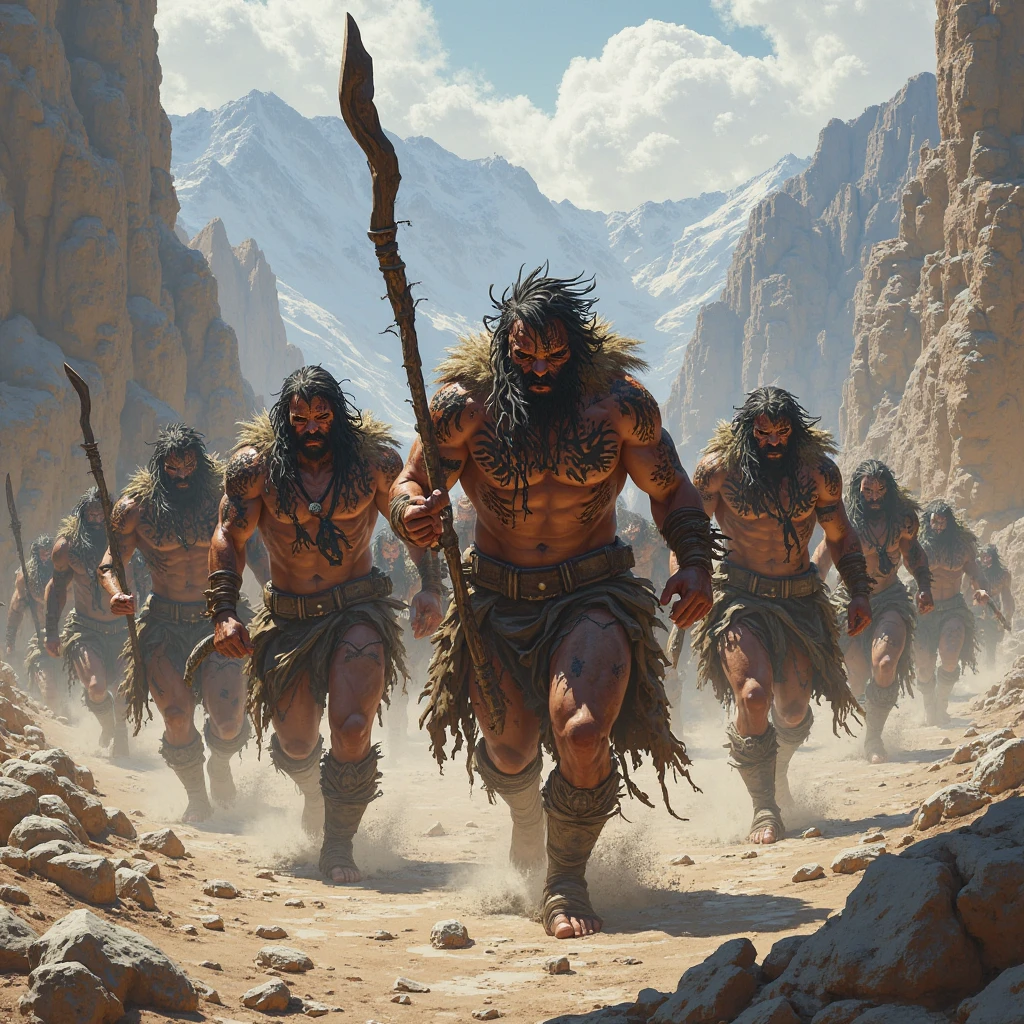 group of prehistoric people hunting using spears and bows