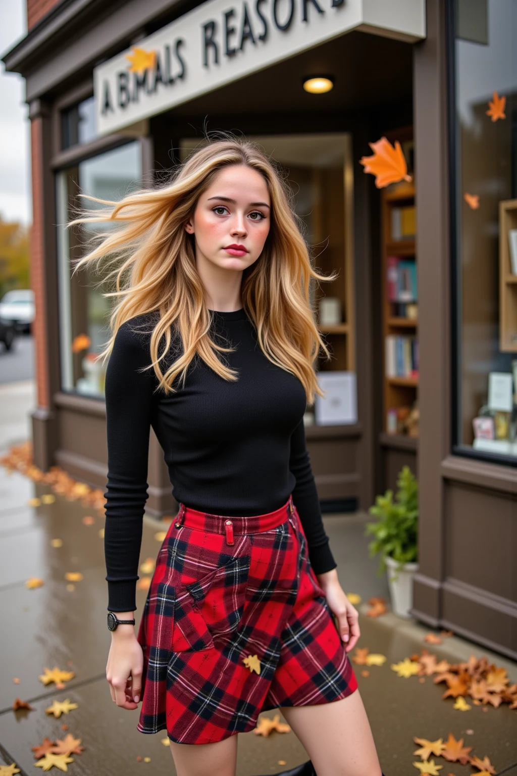 (((__perspective__))),   a beautiful 21 y.o. blonde Swedish girl, outside, white ribbed neck sweater,long tartan skirt, 