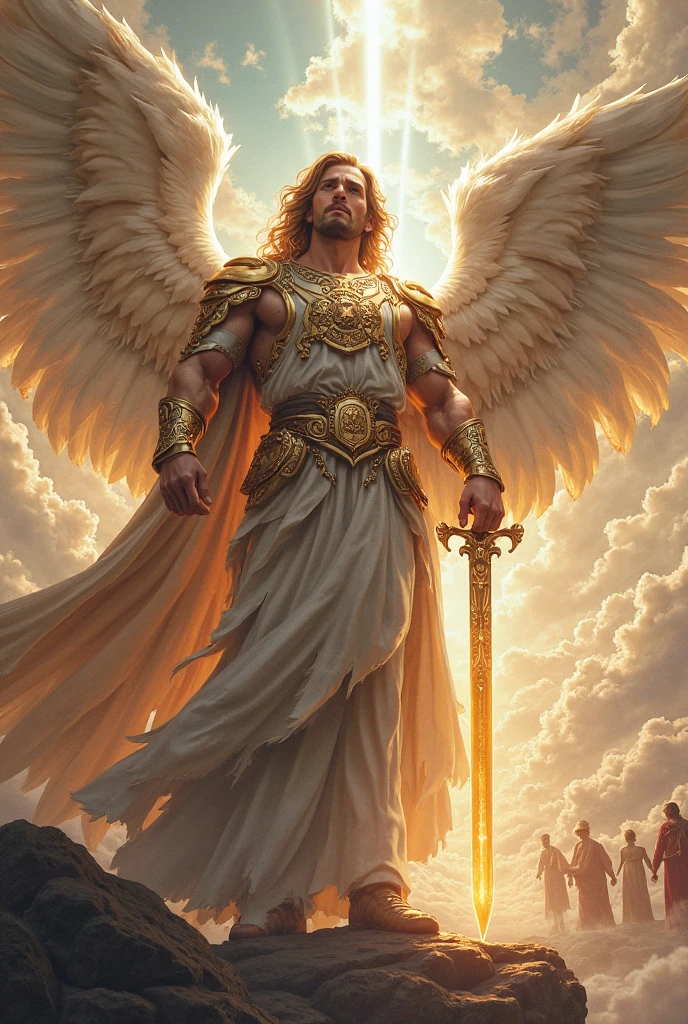Giant male angel in a golden robe holding a raised golden sword in both hands
