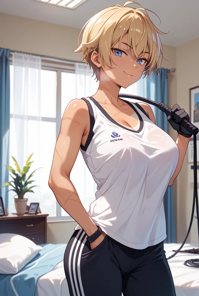 Sexy fitness instructor, 1 Female, Athletic Wear:1.2, Clean clothes, (bob hair cut, green eyes), smile:1.3, Beautiful eye color, Pose looking from above, View from below, Yoga Mat, Training Equipment, Sexy pose, Cinematic lighting, dramatic colors, Chiaroscuro, elegant, Elegant, Sensual beautiful detailed athletic woman, Training Room, Detailed room interior, Nasty, Alluring, (Highest quality:1.2, 4K, 8k, Very detailed, Attention to detail, masterpiece:1.2, Best aesthetics),