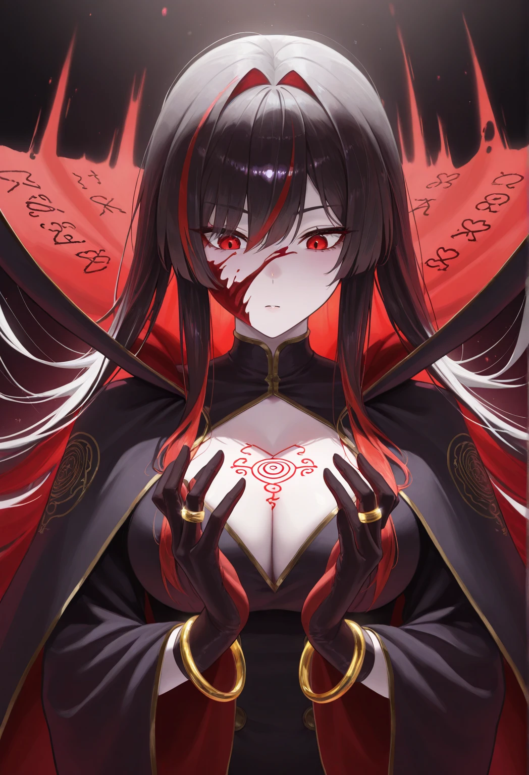 a fair-skinned woman of slender build. She has long black untamed hair reaching her upper back, and very unique eyes that are red in colour, with an additional ring in them. She wears make-up consisting of red lipstick and purple eye shadow. Her regular outfit consists of a red mesh armour blouse with only the right sleeve visible. Overall, this is very broad material which resembles bandages with a pattern on it similar to those of rose thorns. Her hands and upper thighs are also wrapped in bandages