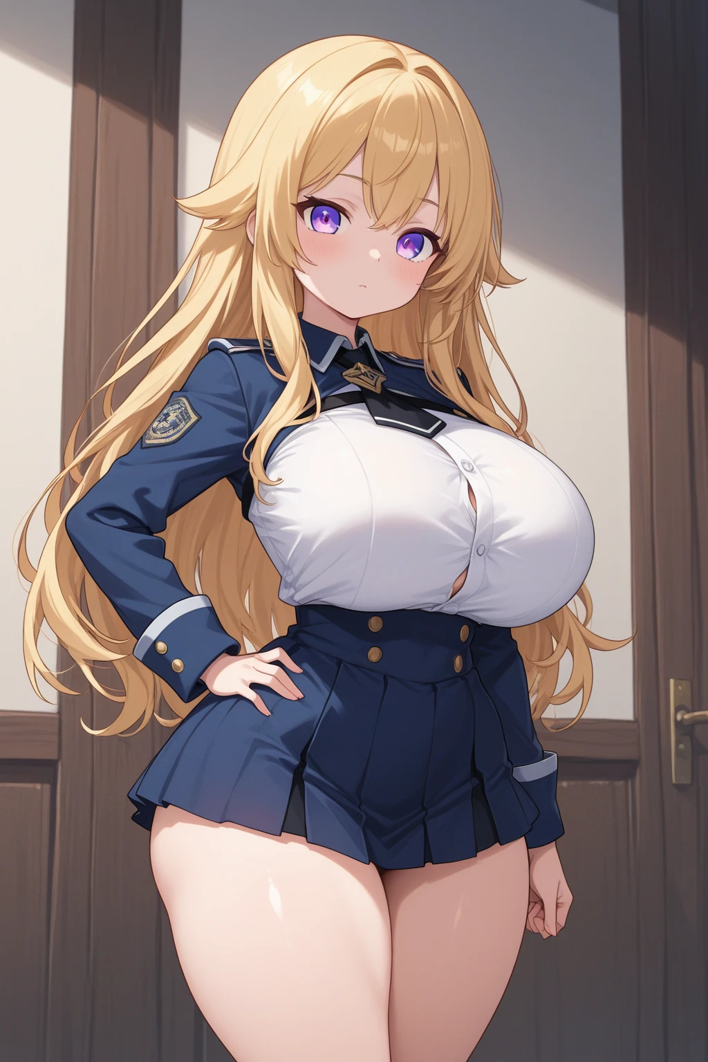 1girl, blonde hair, long hair, huge breasts, thick thighs, green eyes, smile, smirk, smug, leotard, white leotard, police uniform, white clothes, bare legs, policewoman, police hat, fox ears, fox tail, mature female, toned, hourglass figure, black thighhighs, thighhighs, car, sports car,
