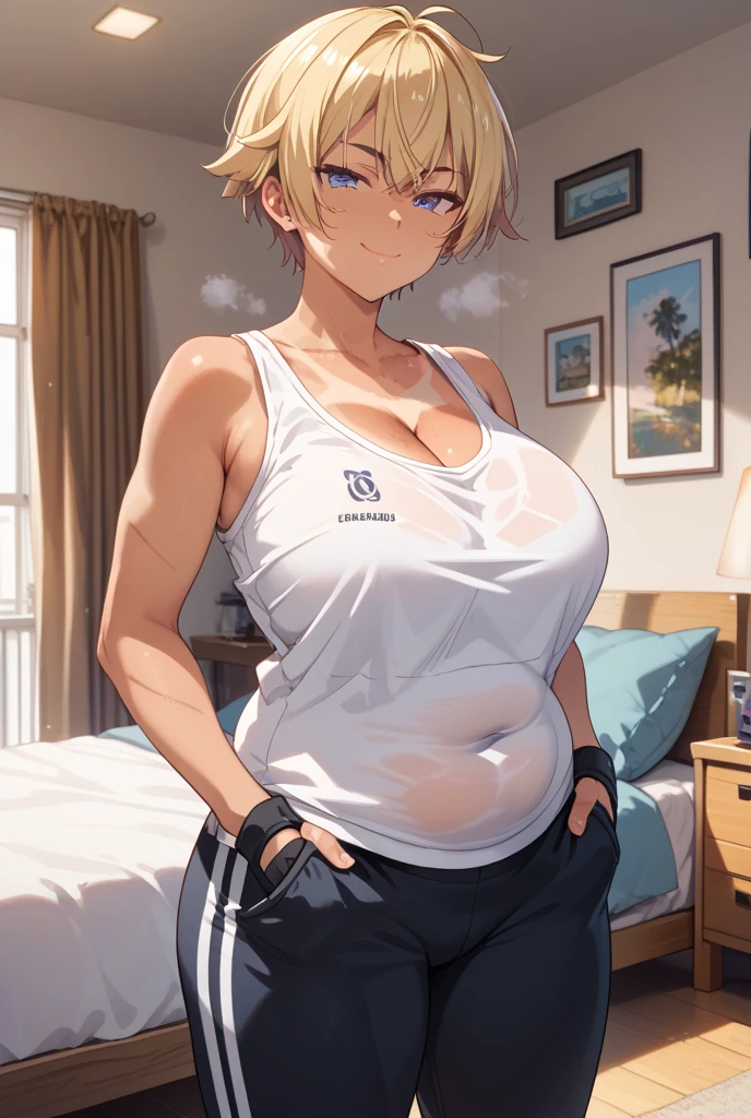 ((highres)), Masterpiece, high quality, best quality, beautiful, perfect lighting, detailed face, ultra cute face, looking at viewer, embarrassed, blushing, 1girl, chubby belly, thick thighs, wide hips, art by kipteitei, blonde hair, short hair, messy hair, shorts, crop top, arms behind back, simple background, gradient background,