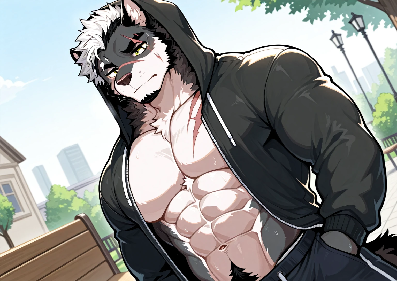 Anthropomorphic wolf,werewolf,man,large pectoraluscular limbs,bare upper body,broad shoulders,huge crotch bulge,muscular,large,bearded,facial hair,body hair,chest hair,arm hair,leg hair,full body,grey hair ((high detail,masterpiece,best quality,high definition,beautiful))