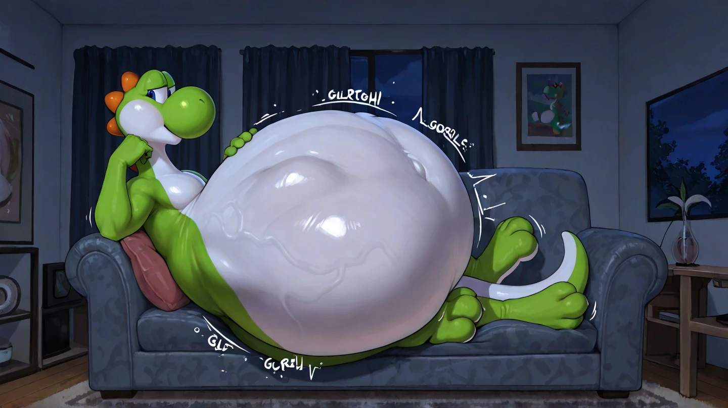 shirou ogami, wolf anthro, black shirt, tight clothing, long sleeves, collar, detailed background, laying, room, couch, ((vore)), moving vore belly, there is a large person inside of shirou's stomach, (humanoid figure inside stomach), (simple flat color), gurgling belly effects,
