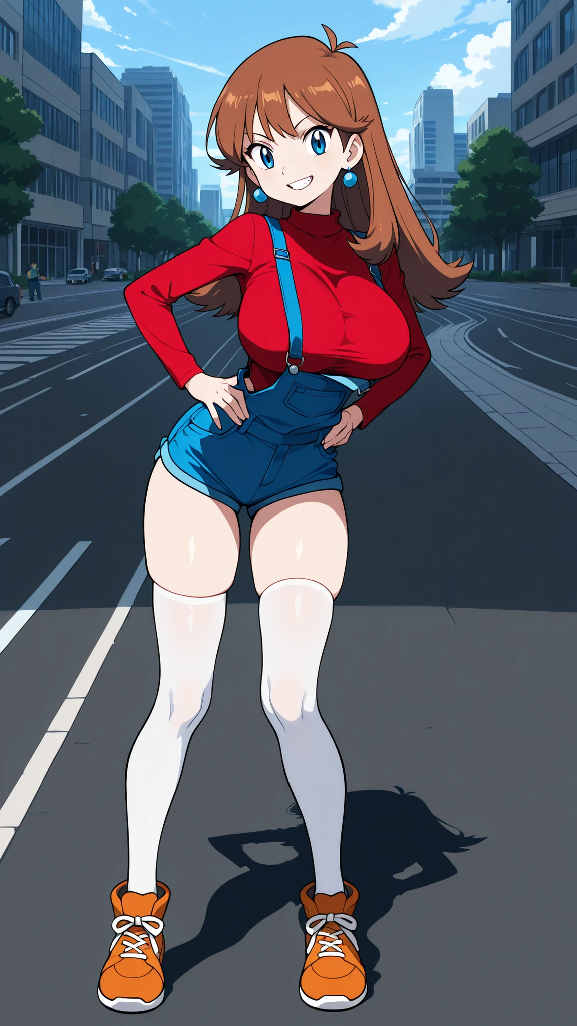 adult older sister, Tall, left hand on hips, bare hands, red long sleeve shirt, blue overalls denim overalls, White Knee High Stockings, Absolute region, thighs, orange sneakers with hee-cups, ((top quality)), ((masterpiece)), ((details)), standing, 1girl, two legs, two arms, orange brown hair color, long hair, blue eyes, big boobs, anime coloring book, 1 woman, Age 18, A determined smile, teeth, viewers, Sexy Design Characters, slim sexy body that can be licked by mobs, blue earrings, Three idiot hairs , bangs, Full Body, City, Sidewalk, (\Pokémon\), score_9, score_8_excellent, score_7_excellent, score_6_excellent, Source_anime, cel shading, flat color, vector,