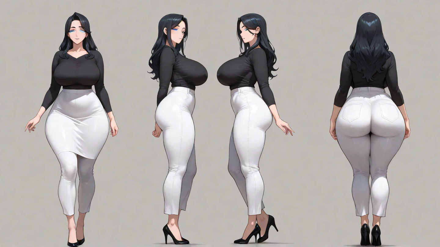 character sheet of a principal blonde, straight hair, middle parted hairstyle, high cheekbones, big lips, full lips, up-turned nose, pointy nose, pouting, pouting lips, pale skin, 90s glamour makeup, tall, curvaceous, thin waist, big hips, hip dips, big breasts, large breasts, sagging breasts, long legs, button shirt, tie, pants, Best quality, 8k, Masterpiece, realistic, nagatiti(Gigantic Breasts:1.6)(hanging breasts: 1.5)