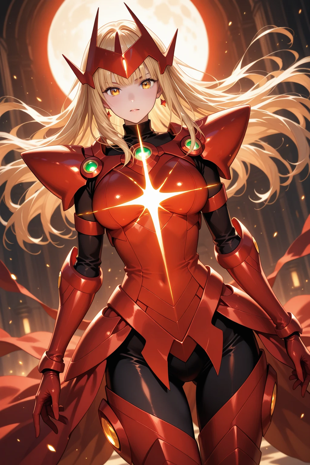 a side view of a mature, beautiful classical opera singer with blonde hair in a fancy sci-fi style, make up in a fancy sci-fi cyberpunk red dress singing on stage eyes closed singing with head back with dramatic bright lighting lens flare