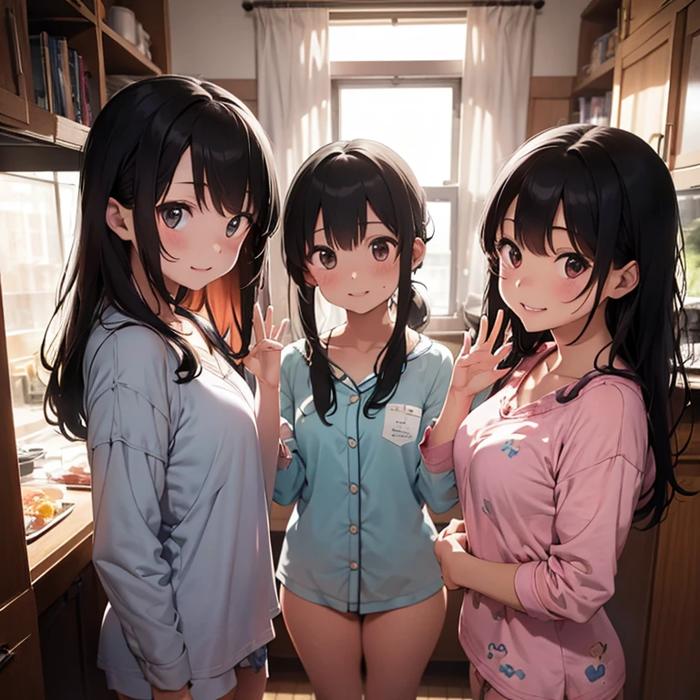 ((masterpiece, best quality, ultra quality, high quality, hyper detailed, intricate detailed, perfect anatomy, shiny skin)), ((upper body:1.2)), (three women are posing for a camera:1.4), (indoors, bed, pillow:1.2), (Lift up your camisole), (full nude:1.4), (smile, shy, red cheek, blush:1.2), (Open your mouth:1.6), (Stand in line) , brown hair, blond hair, navel, jewelry, looking at viewer, necklace, long hair, short hair, Abdominal muscles, straight hair, bob cut, blunt bangs, silky hair, hair clip, hair band, hair ribbon, one-length haircut, ducktail, outward curled hair, French twist hair, twintails, side ponytail, single braid, wavy hair,