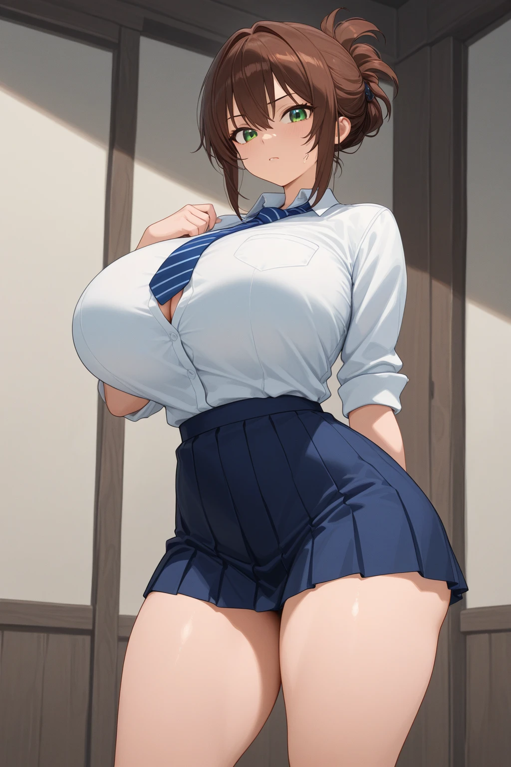 Best quality, solo mature woman, giant breasts, giant ass, very curvy, short pony tail with bangs, walnut brown eyes, full lips, seductive, smiling, exposed white button up tied in a knot, plaid skirt, bracelet, thick thighs, curvy physique