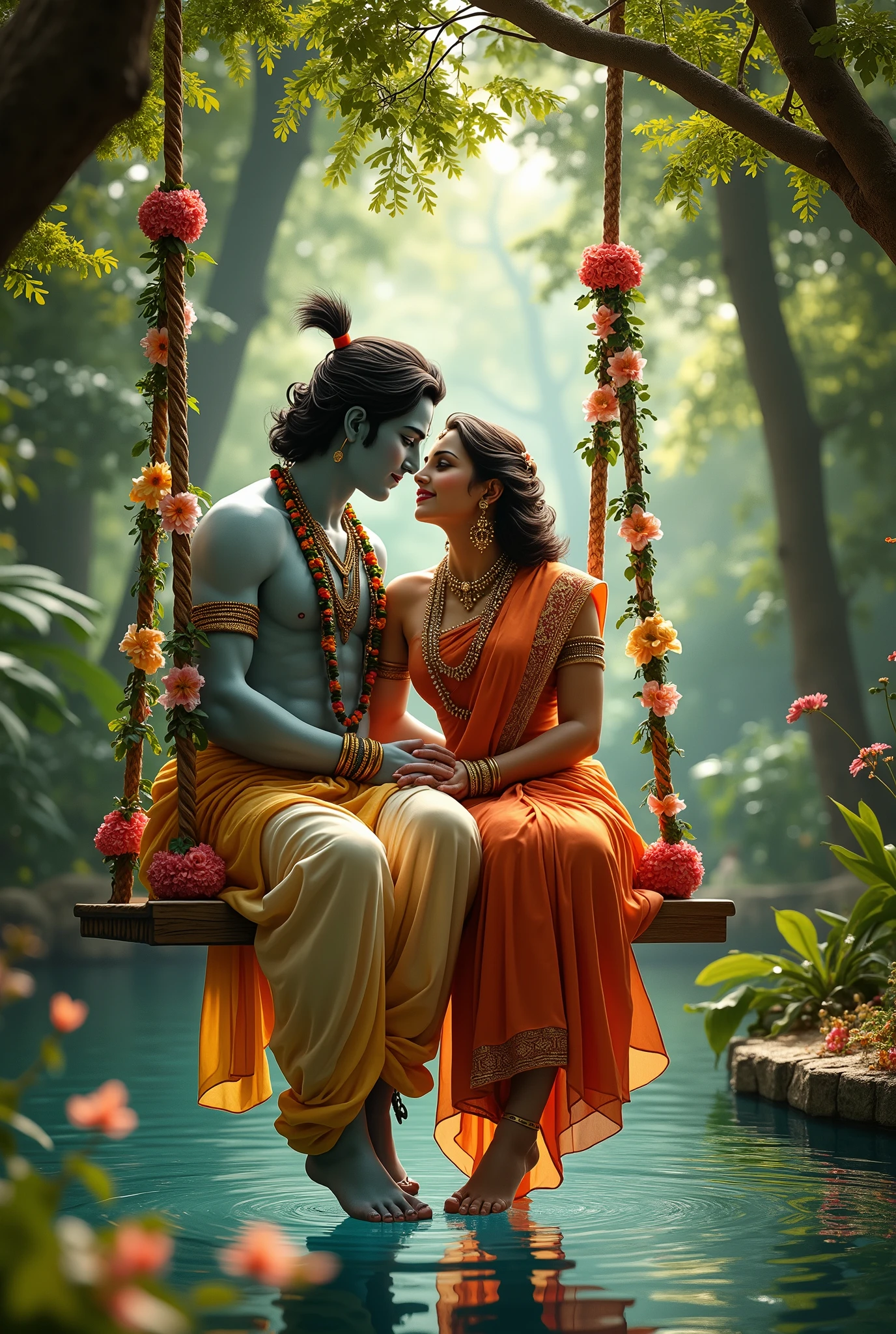 Krishna and Radha sit on the swing on the wall by the river holding the phone in their hands and listening to music on headphones. Krishna also has a peacock feather on his head