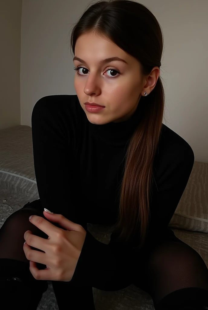Rich 35 year old woman highest quality sexy face high resolution、Elizabeth Olsen 35old, ,Sexy hollow black sweater,, mini skirt, Black leggings black pantyhose posing standing on big wooden table smiling seductively , Hair Curve Hourglass Body, OPPEIN ratio, heavy exaggerated proportions 裙子 tight 裙子 black 裙子 black nylons black pantyhose fuck pussy cum on cloth ciemnot on cloth sperm in cloths cim on dress