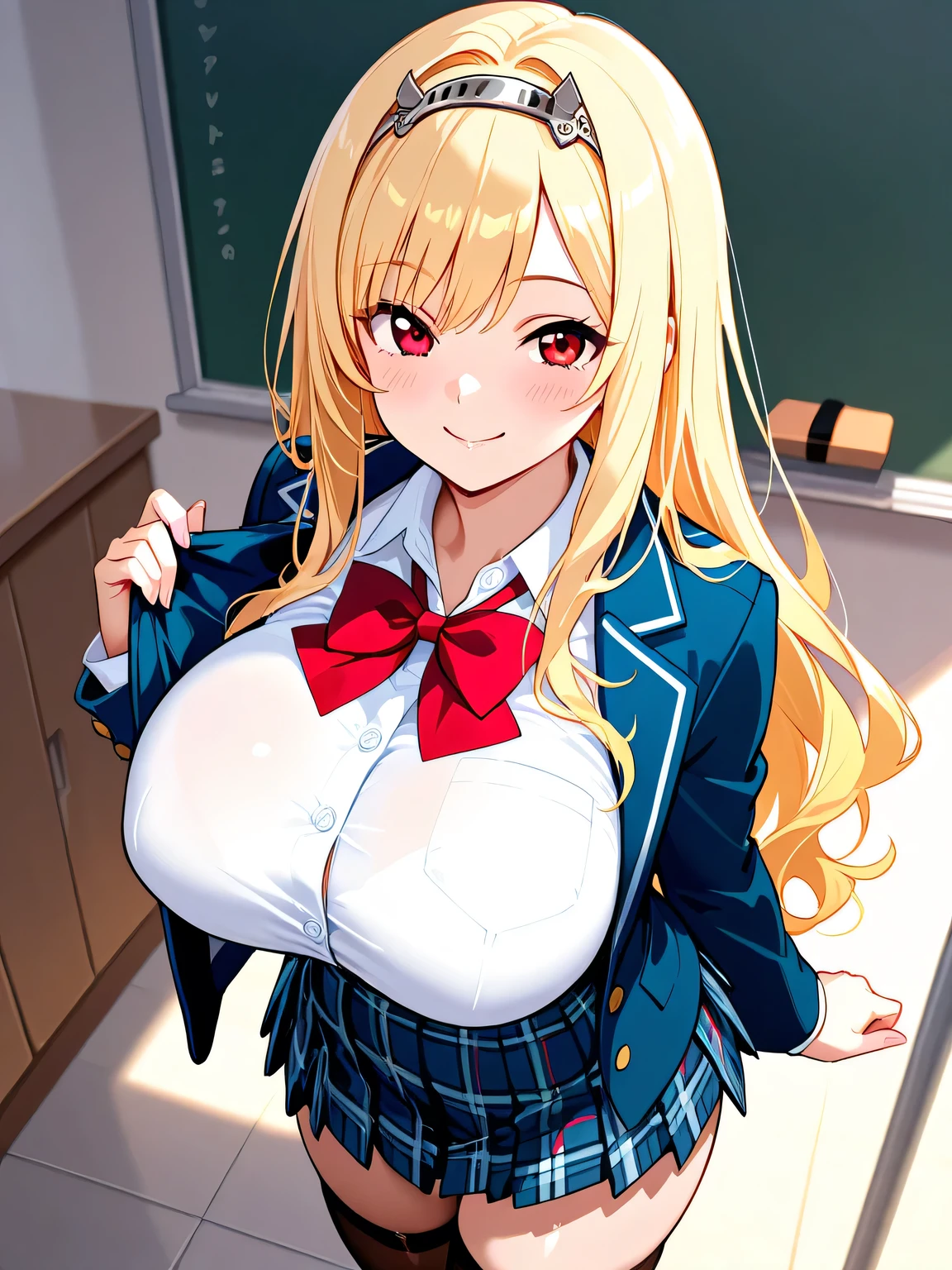 (Bust-80cm)) ((waist-56cm)) ((hips-88cm)), ((pretty and cute gyaru girl)), ((blonde wavy hair with pigtails, hair accessories)), double eyelids, detailed eyes light blue color, hyper-detailed eyes, light effect on the eyes, detailed iris, has an extremely sexy appearance, with incredible breasts and perfect waist, and an extremely sexy body, sensual  open at the bust, long sleeves, cowboy shot , Pleated skirt with accessories, micro skirt, White socks, beautiful makeup, cleavage, ((master piece, hyper realistic, hyper detailed, best quality, 16k, Effect of light and shadow on the skin, vivid colors)) , eyeliner, passionate expression , Perfect lips, innocent and sexy face, mischievous smile, thick thighs, ((beautiful skin coloring)), beautifully seductive, passionate, embarrassed, ((she is beautiful)), cute pose: 1, 2 looking at the viewer, sensual pose, seductive look: 1,3, pose from behind, in the school hallway with school notebook