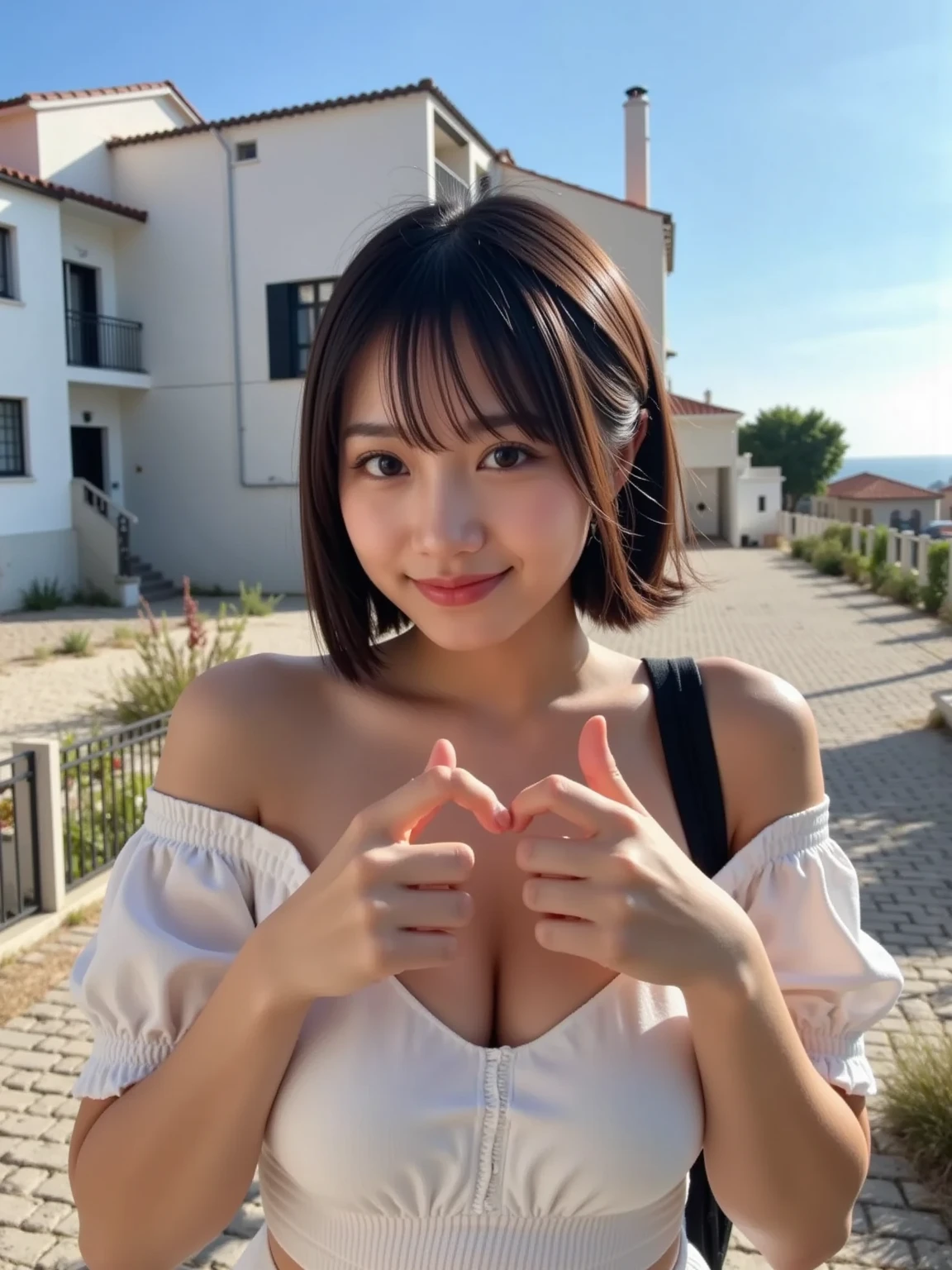 ((Highest quality, 8k, masterpiece: 1.3)), The beauty of slim abs: 1.3,(Hairstyle Brown Hair Short Cut, big: 1.2), 超slenderフェイス, Delicate eyes, double eyelid, smile, necklace、40-year-old beautiful housewife、slender、Japanese、photo of an old girl, beautiful, cute, 40 years old, Age-related wrinkles、(Whole body shot)、(((topless、No clothes on the upper body、Small breasts、Nipples are clearly visible)))、(((Small Breasts)))、(((tall stature)))、(((Fashionable skirts、Her face and skirt are visible)))、(((In front of Cinderella Castle at Disneyland)))