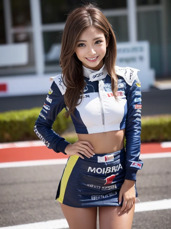 Race Queen, Grid Girls, skirt, No sleeve, masterpiece , Highest quality , detailed , bangs , woman , smile