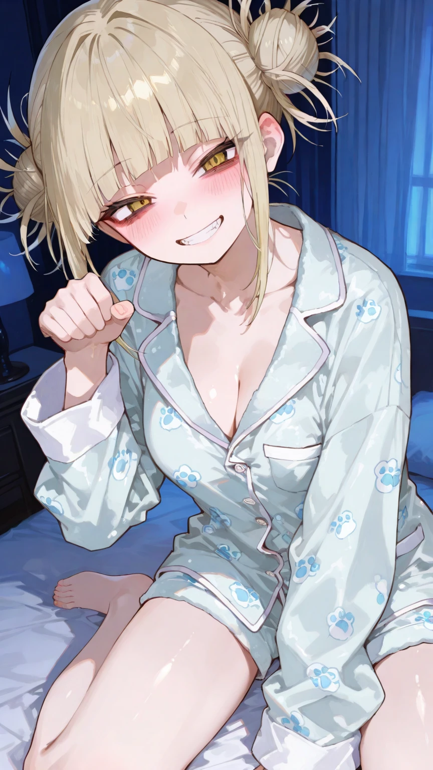 masterpiece,best quality, ultra-detailed,1girl(sakurai momoka, lovely small breasts, naked body, wavy hair, long hair, blonde hair, headband, pink flower in hair,green eyes, half-closed eyes), a charming face, parted lips, nose blush, blush, facing viewer , looking at viewer, head tilt, solo, pajama, cleavage, in the bedroom, night time, standing, seductive, a seductive pose