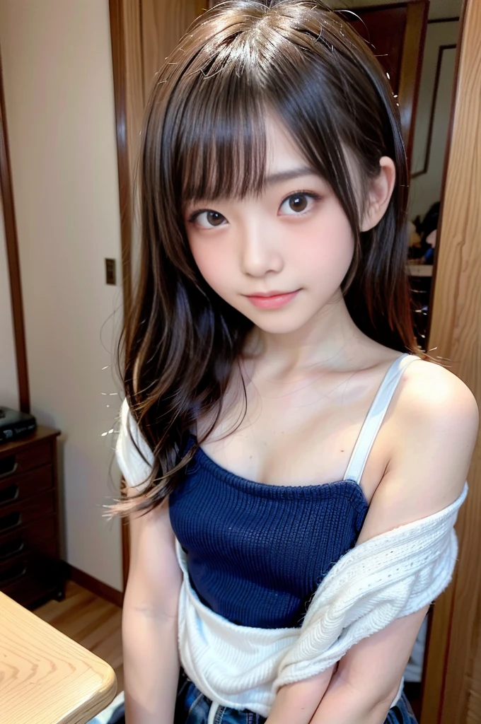 1 Person, 1girl,  Solo, 14 years old, japanese famous idol, 1cute girl, very young face, masterpiece, high quality, looking at viewer, small face, （very small tits:1.8）