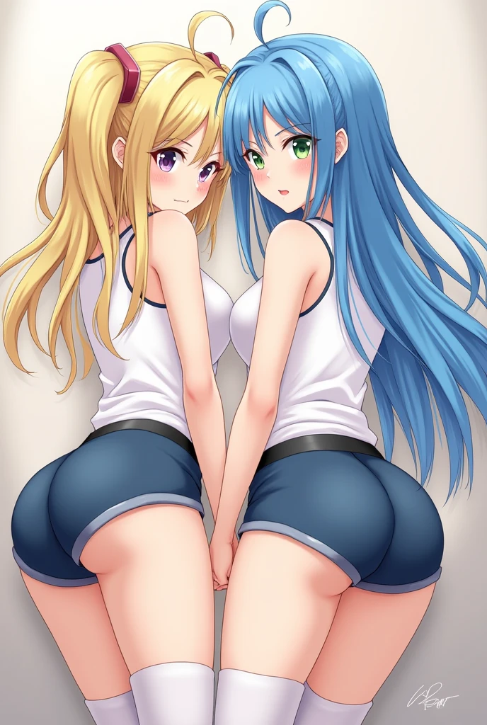 Super detailed、Highest quality、Best image quality、masterpiece、8K、(shoulder-length blonde hair、Medium Long Hair)、(Open mouth smiling)、((SFW Huge Body))、(((Rear View)))、Cowboy Shot、(White Thong)、(Two women stand side by side with their butts facing the viewer.:1.5)