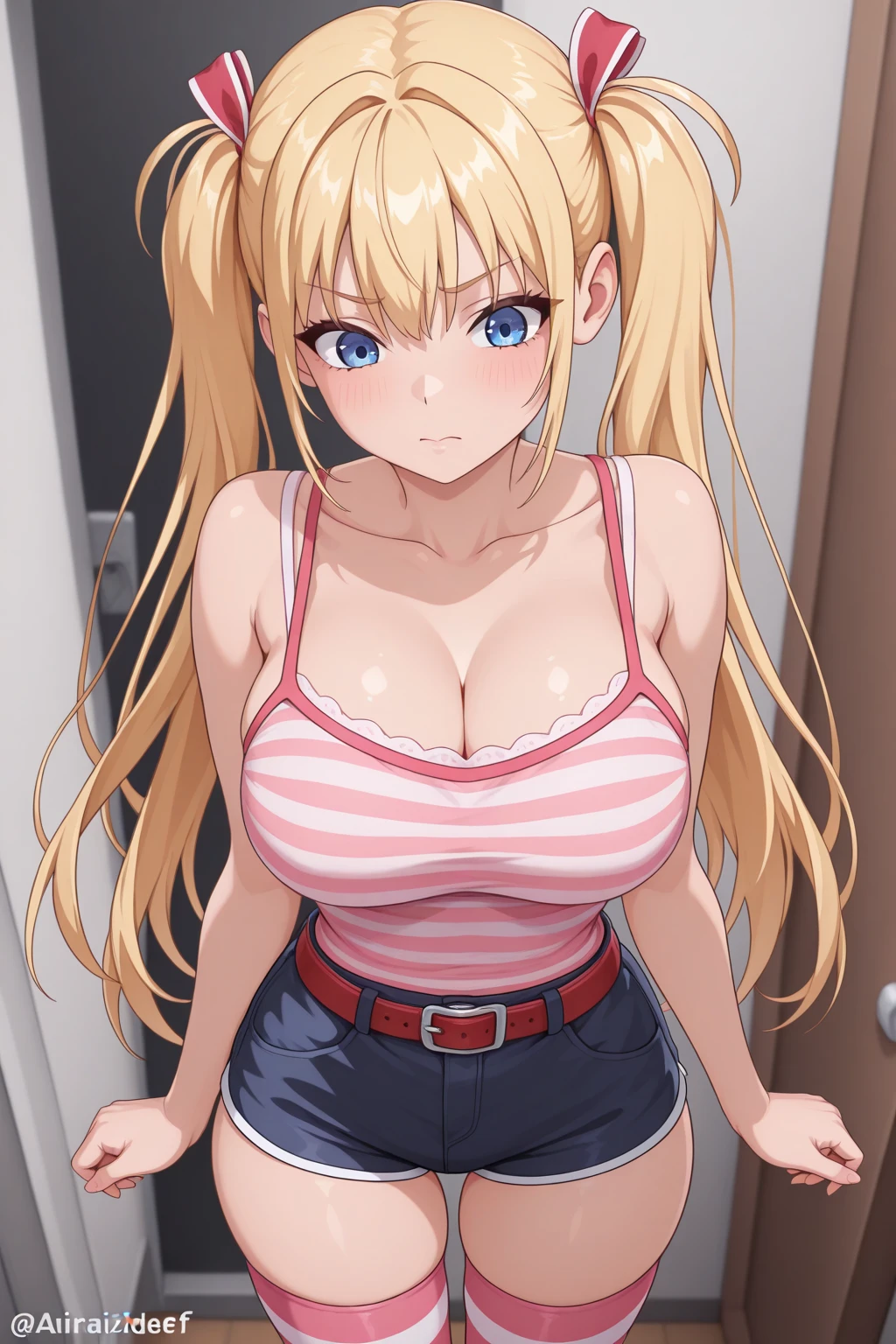 (masterpiece, Best Quality:1.2), absurdities, perfect anatomy, owtech, stylized, 1 girl, full body, looking at the viewer, blunt bangs, ( Denim shorts:1.1), Focus only, Soft lighting, (blue eyes), blonde hair, very long hair, twintails, Airi Akizuki, medium breast, she is kneeling, no bra, nipples, He is covering his chest with his own arms, no bra,