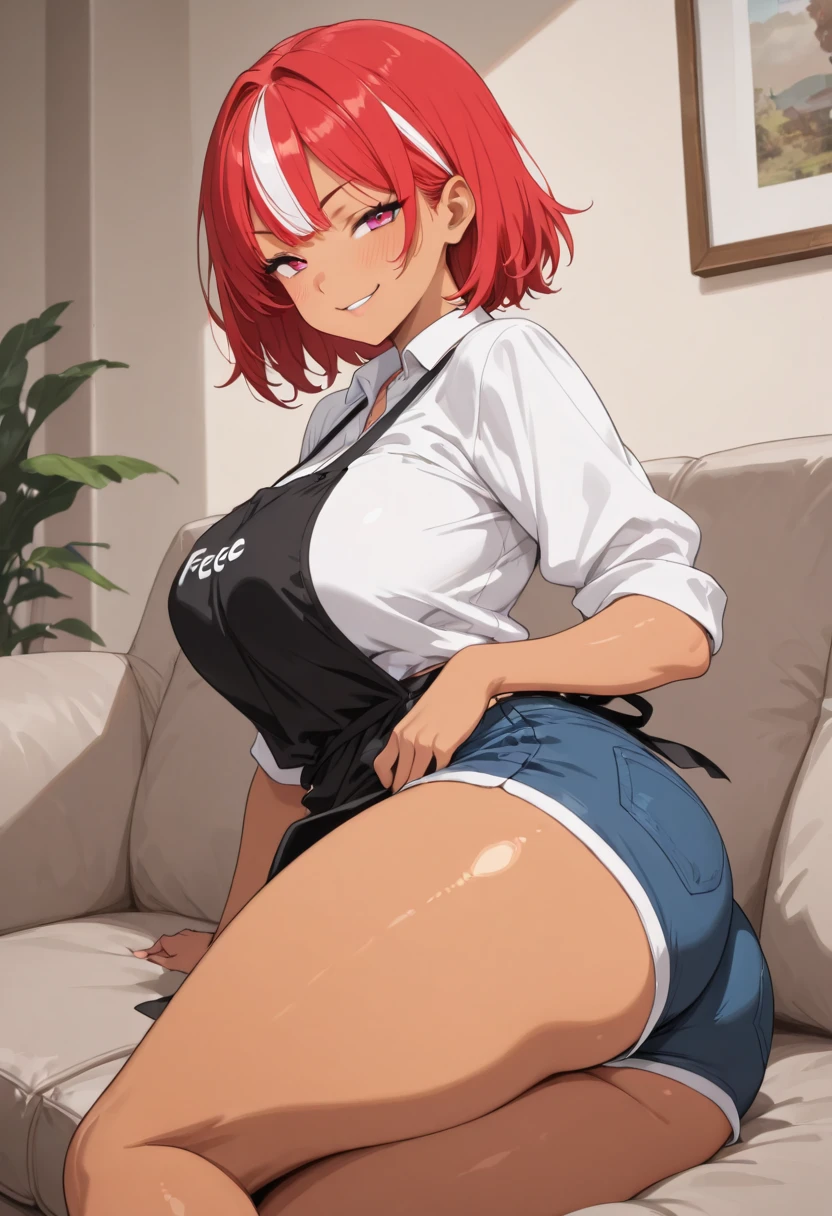 1 girl, 15 years old, redhead, short hair, wears a headband, red lipstick, big breasts, big thighs, green eyes), (she wears a very tight and transparent white t-shirt, her belly is visible, she has the t-shirt on, transparent t-shirt , very wet t-shirt), (no bra, wears a very small and tight thong), (wears red heels, wet legs), (is on her back, showing her butt, shows her butt lasciviously, leaning on her back), (blushing, smiling lascivious), is in the kitchen
