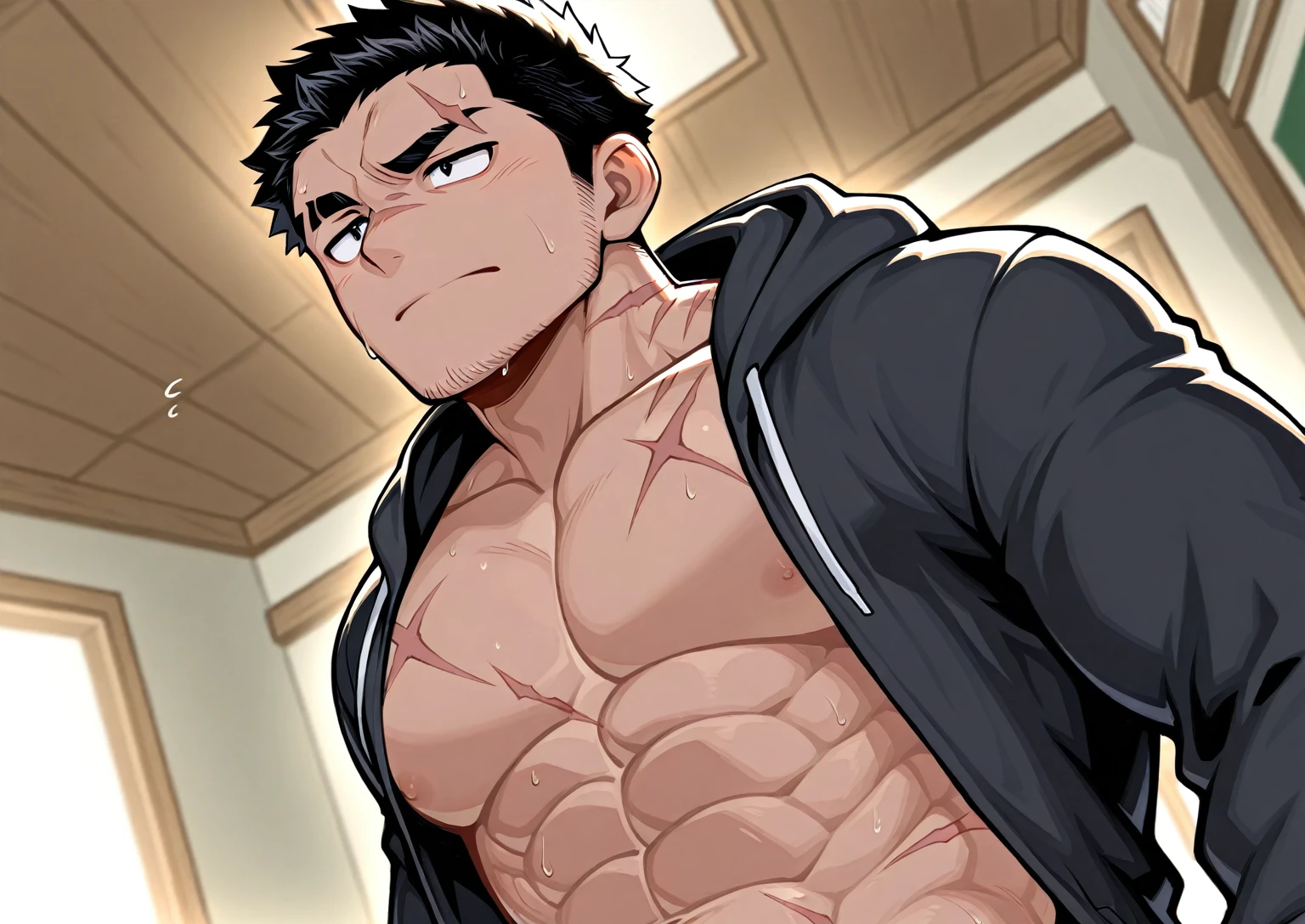 Kiritsugu is sitting and flexing his arms. He wears a black tshirt with short sleeves. His right sleeve is completely rolled up, so you can see his entire arm and shoulder. He wears black short boxershorts. You can see his thighs completely. He has a huge bulge. You can see his abs too. He is admiring his arms.