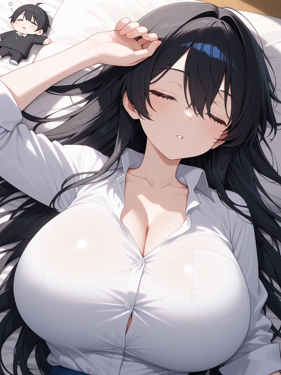 Hime cut with long black hair、Has straight bangs and blue eyes、A girl with very large breasts is wearing pajamas。rather large udder。Unbelievably large breasts。Cleavage。Lying in bed with eyes closed。