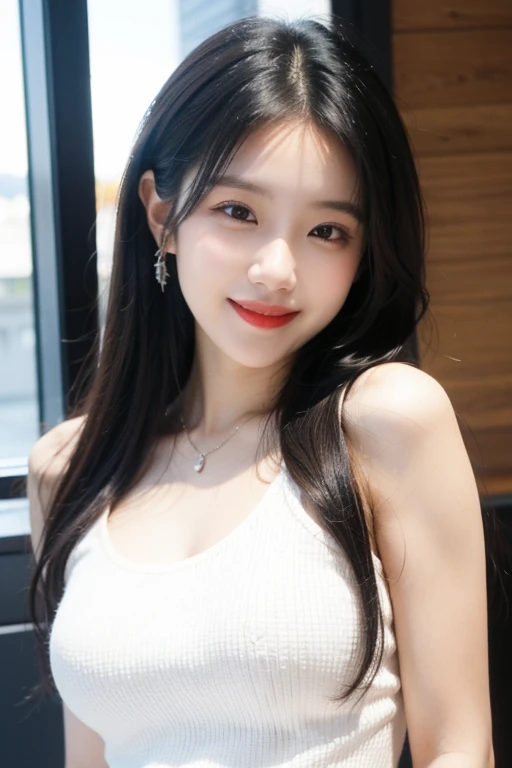 1 girl, national foundation, (hotel background), ((32k, raw, masterpiece: 1.5)), (Professional photography, sharp:1.2), Perfect dynamic composition, (Natural sun light), (soft shadow), (((skinny figure))), ((huge round breasts:1.2)), (((((black long hair))))), Ultra-detailed faces and skin, perfect asian, White skin, (Delicate skin:1.4), (latex skin:0.4), (perfect glowing skin:0.6), light brown eyes, beautiful eyes, round eyes, pretty face, blush, glossy lips, glossy eyes, Perfectly proportioned face, Really moist skin, ((excited expression)), (((huge smile at the camera))), looking at camera, Elegant necklace, Elegant earrings, minimalist, (red colored long shirt and blue pinafore)