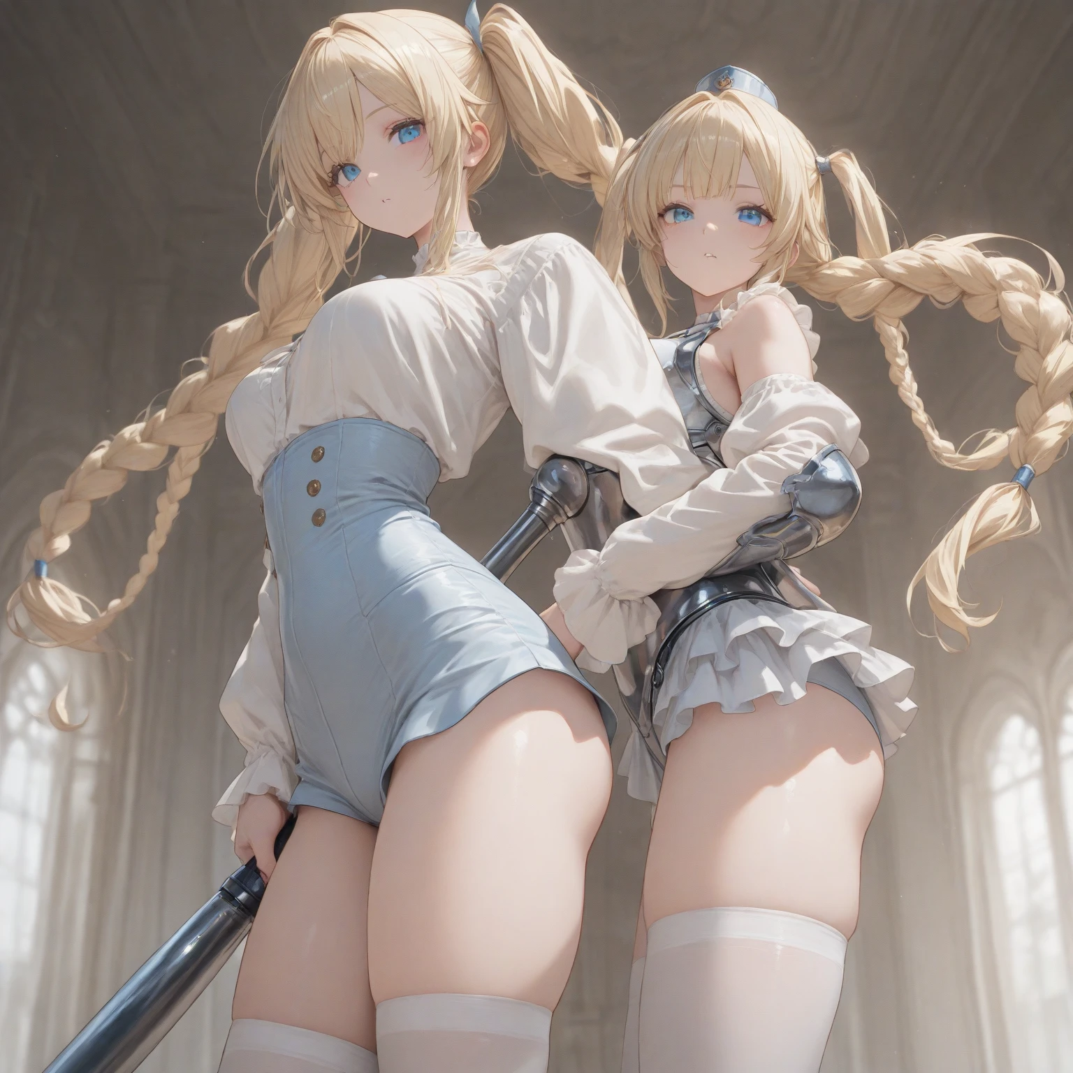Blonde、Beautiful young woman、Twin tails、Yellow ribbon hair accessory、Magical girl、Sheer clothing、Attractive clothes、Exposed skin、Transparent panties、Thong、Wet, see-through clothes、