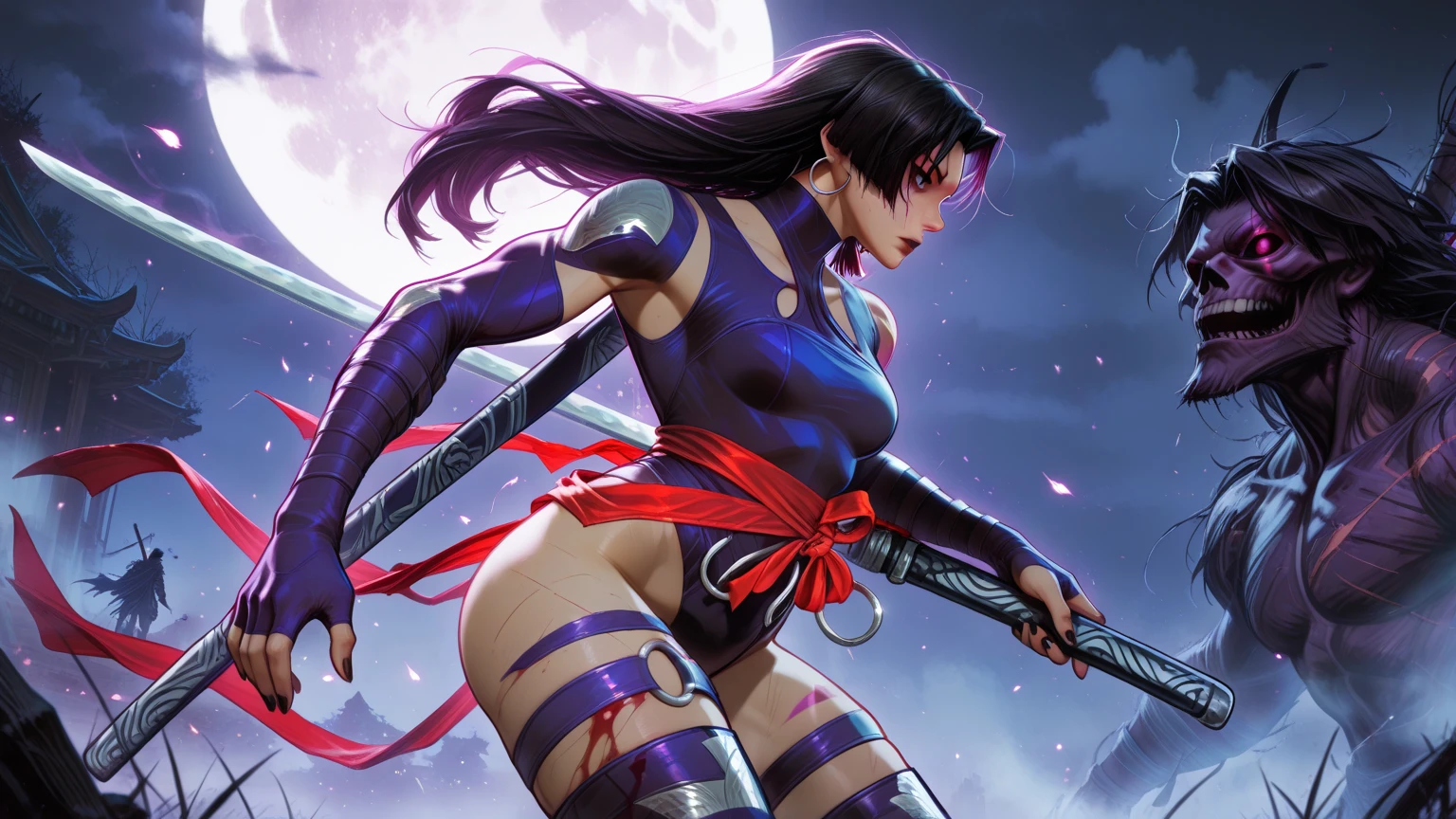 purple tribal tattoo on skin,moon background,reflection,purple detailed sword