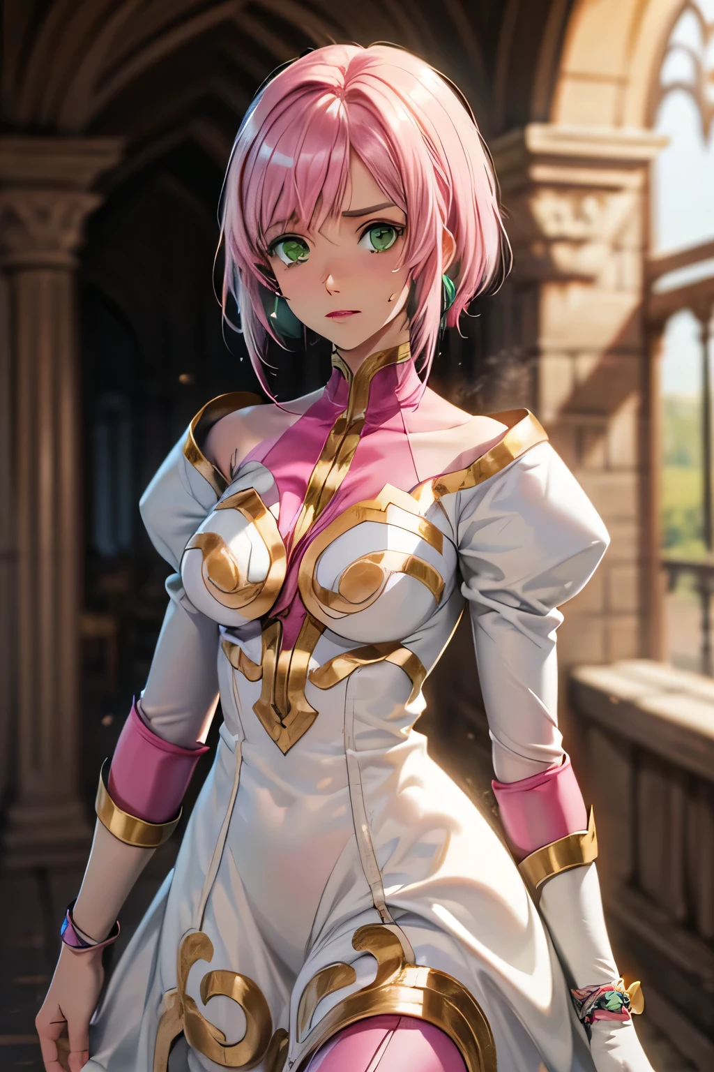 perfect anatomy　top quality,highest resolution,(((White shiny dress　green eyes　shiny pink hair　small breasts　shiny skin　sweat)))　Estellise　[blurry]　16K　Castle