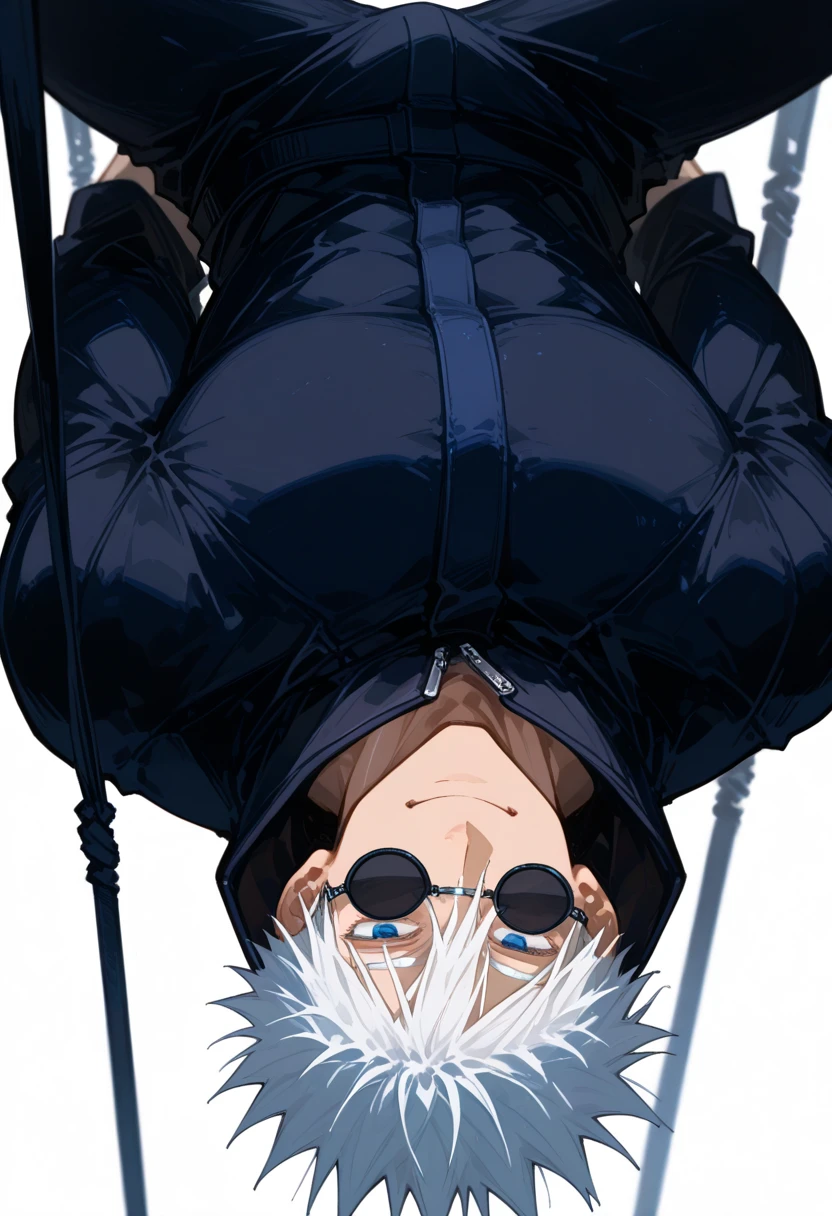 Gojo Satoru, Jujutsu Kaisen, blue eyes, hair between eyes, short hair, white hair, black circle sunglasses, Smile Yan, 18 years old, uniform, Jiu jitsu suit , black jacket, black pants, Tilt, Muscular, handsome, Sexy Man, white background, Akutami_Gege , masterpiece, top quality, great quality, Extremely Aesthetic, Suspension, Newest
